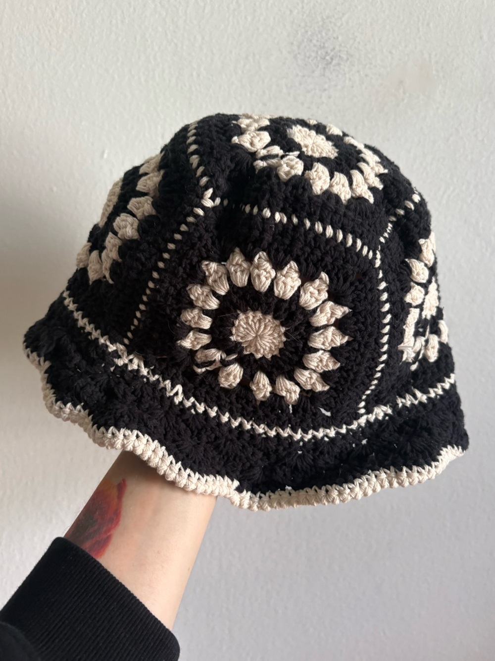 Crochet Black Cream Knit Floral Kid Bucket Summer Hat